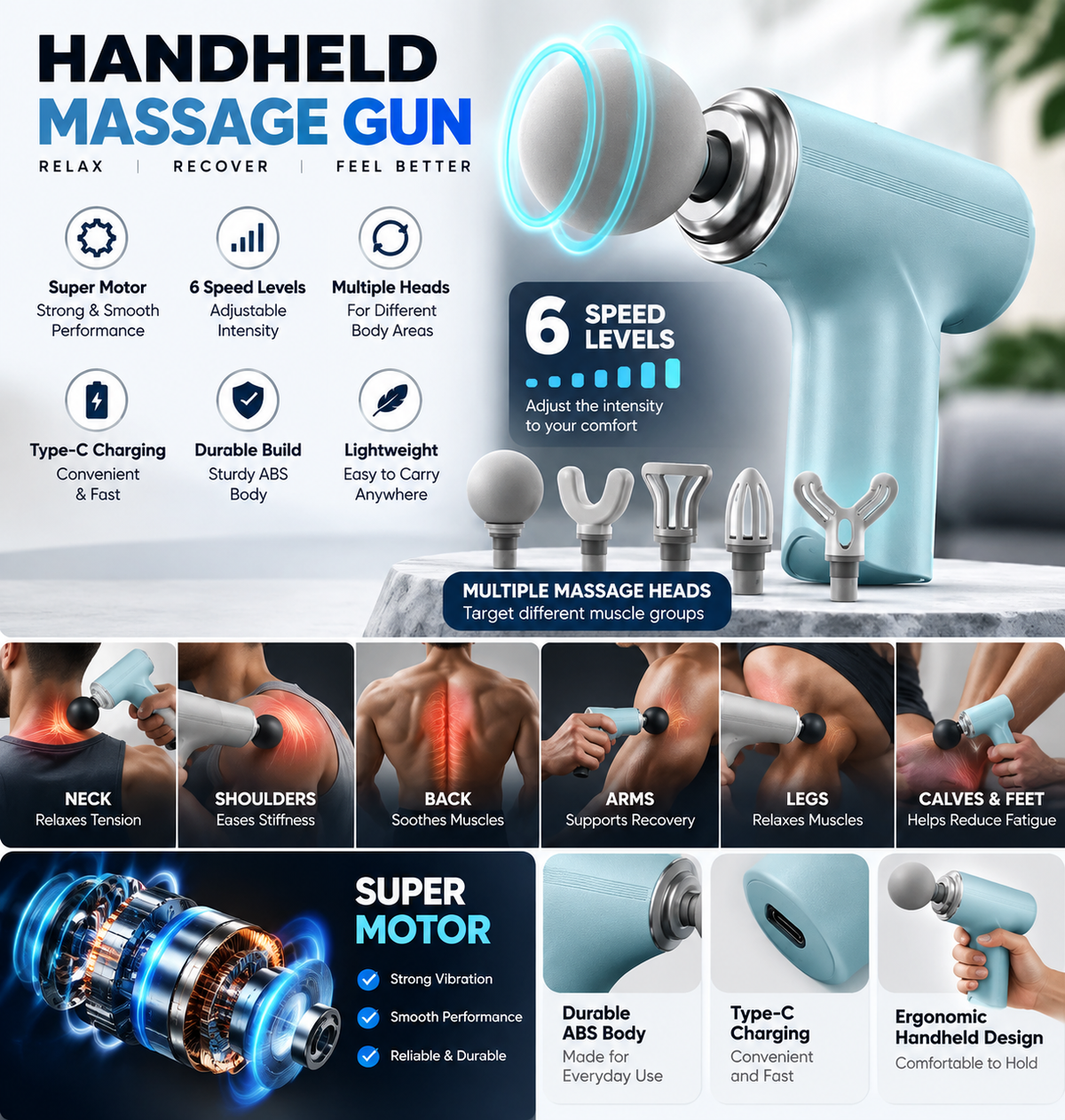 Massage Gun – 6-Speed Electric Muscle Massager with Multiple Massage Heads